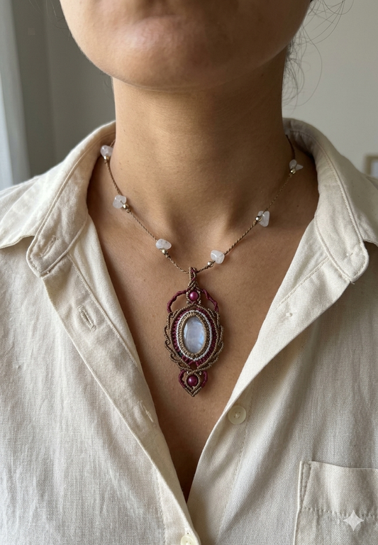 Makramee-Kette mit Rosenquarz Beispielstück - bereits vergeben.