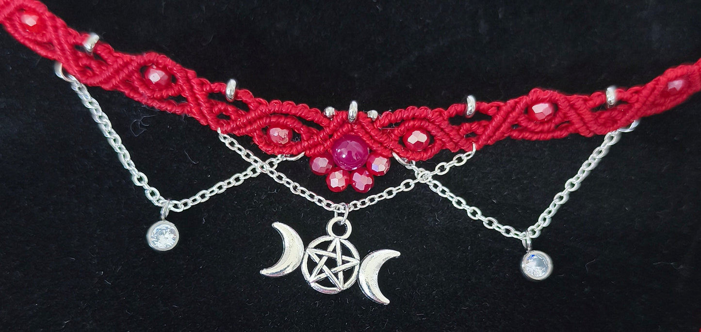 "lunar Red" Makramee Choker mit Rubinen & Edelstahl