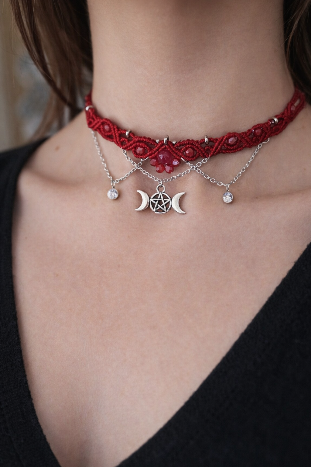 "lunar Red" Makramee Choker mit Rubinen & Edelstahl